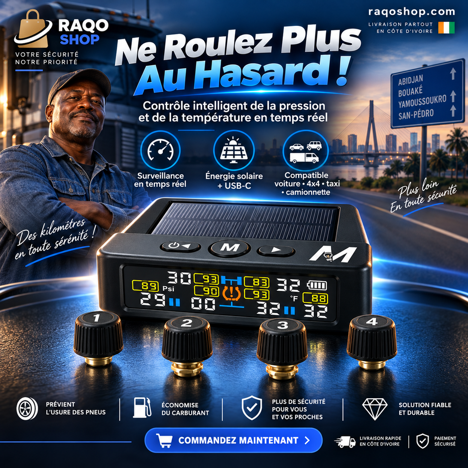 Système TPMS Solaire 4 Pneus – Surveillance Pression & Température en Temps Réel + 4 Capteurs Sans Fil