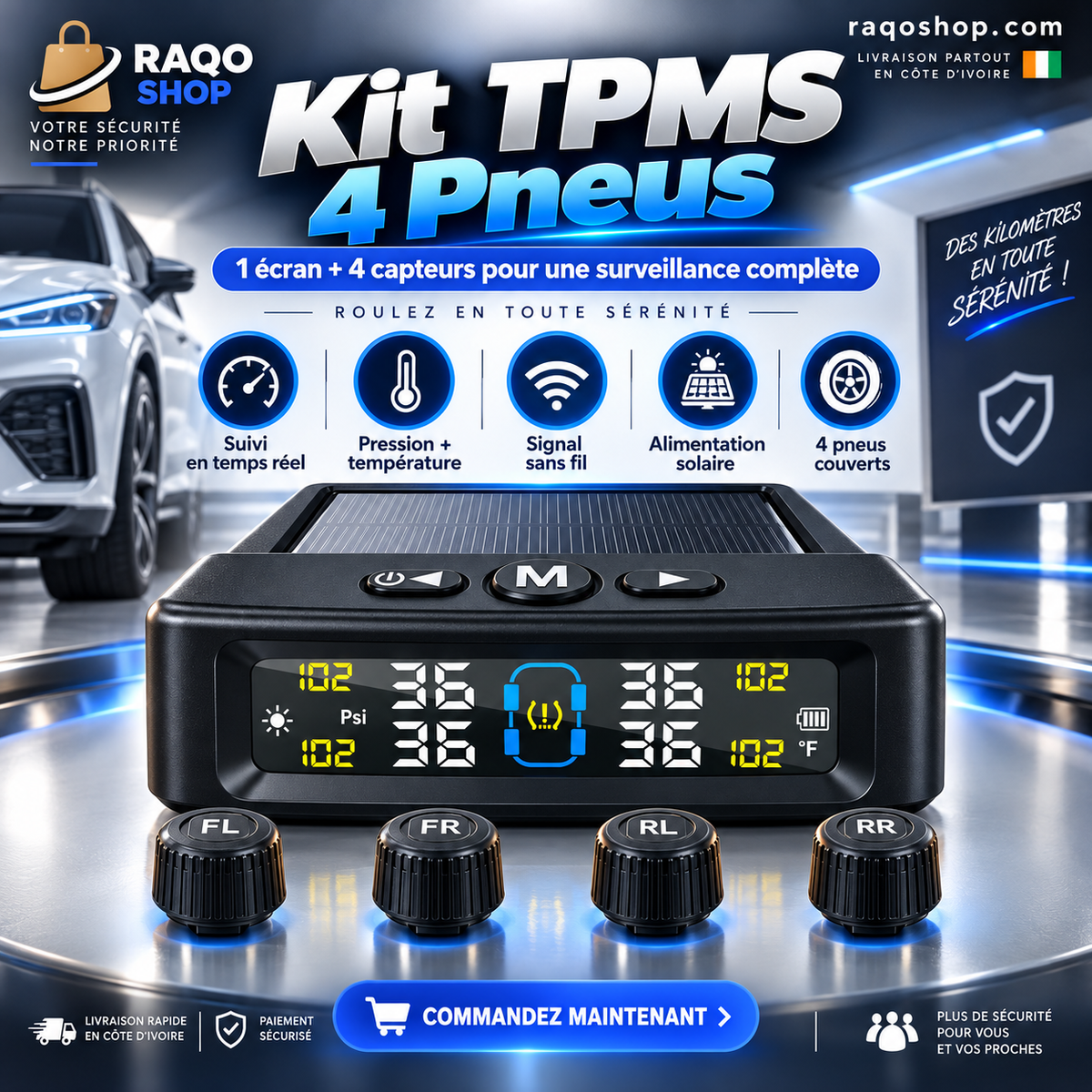 Système TPMS Solaire 4 Pneus – Surveillance Pression & Température en Temps Réel + 4 Capteurs Sans Fil