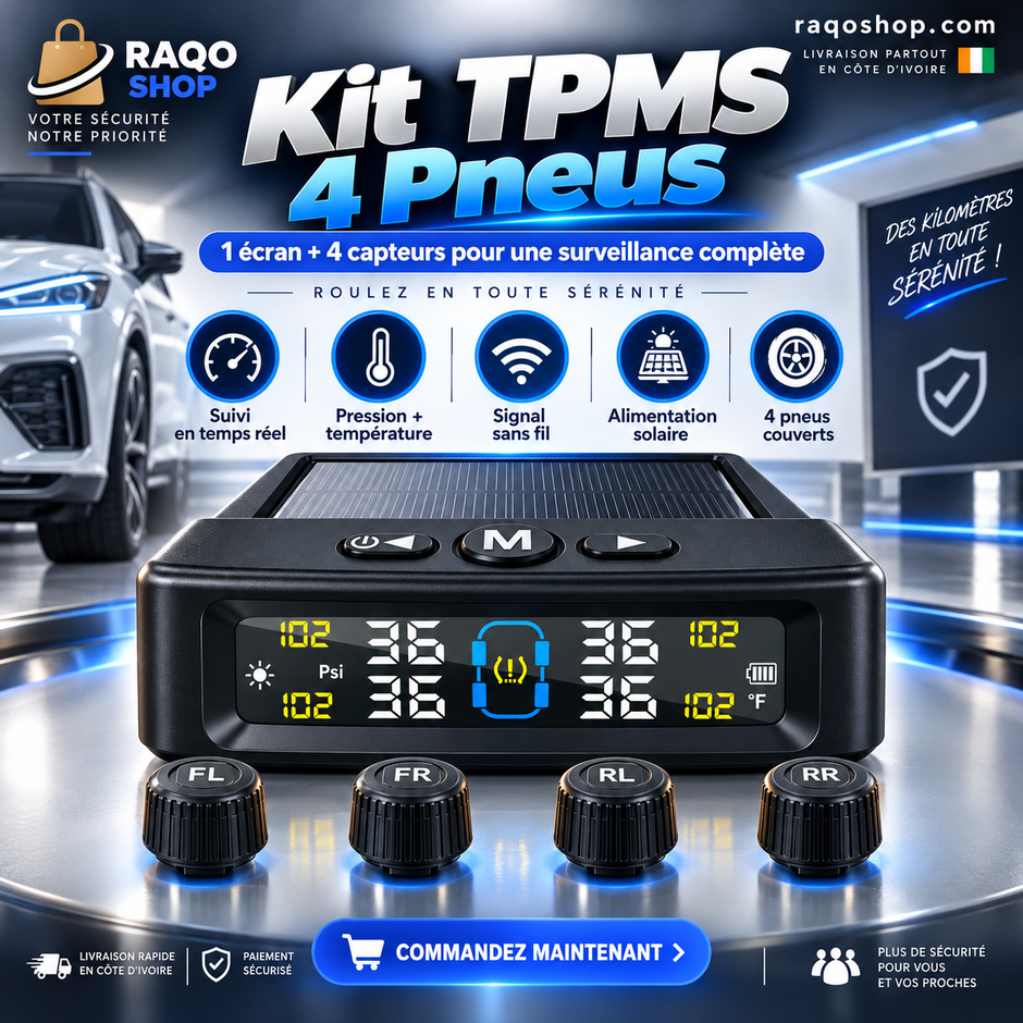 Système TPMS Solaire 4 Pneus – Surveillance Pression & Température en Temps Réel + 4 Capteurs Sans Fil