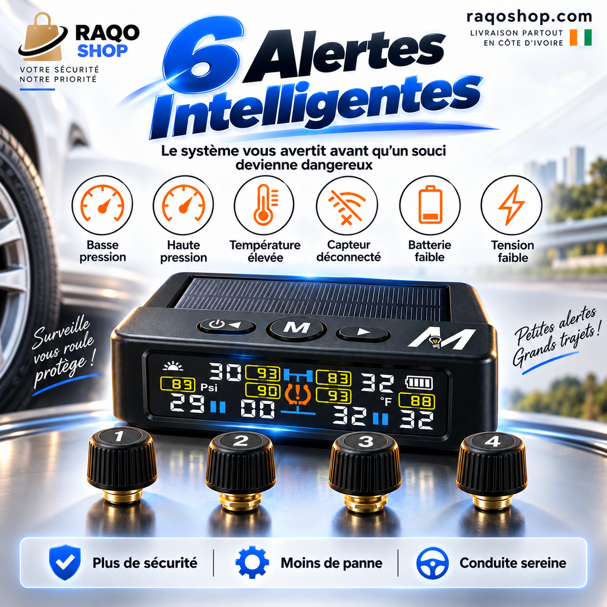 Système TPMS Solaire 4 Pneus – Surveillance Pression & Température en Temps Réel + 4 Capteurs Sans Fil