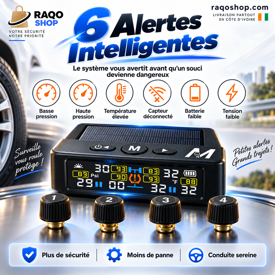 Système TPMS Solaire 4 Pneus – Surveillance Pression & Température en Temps Réel + 4 Capteurs Sans Fil