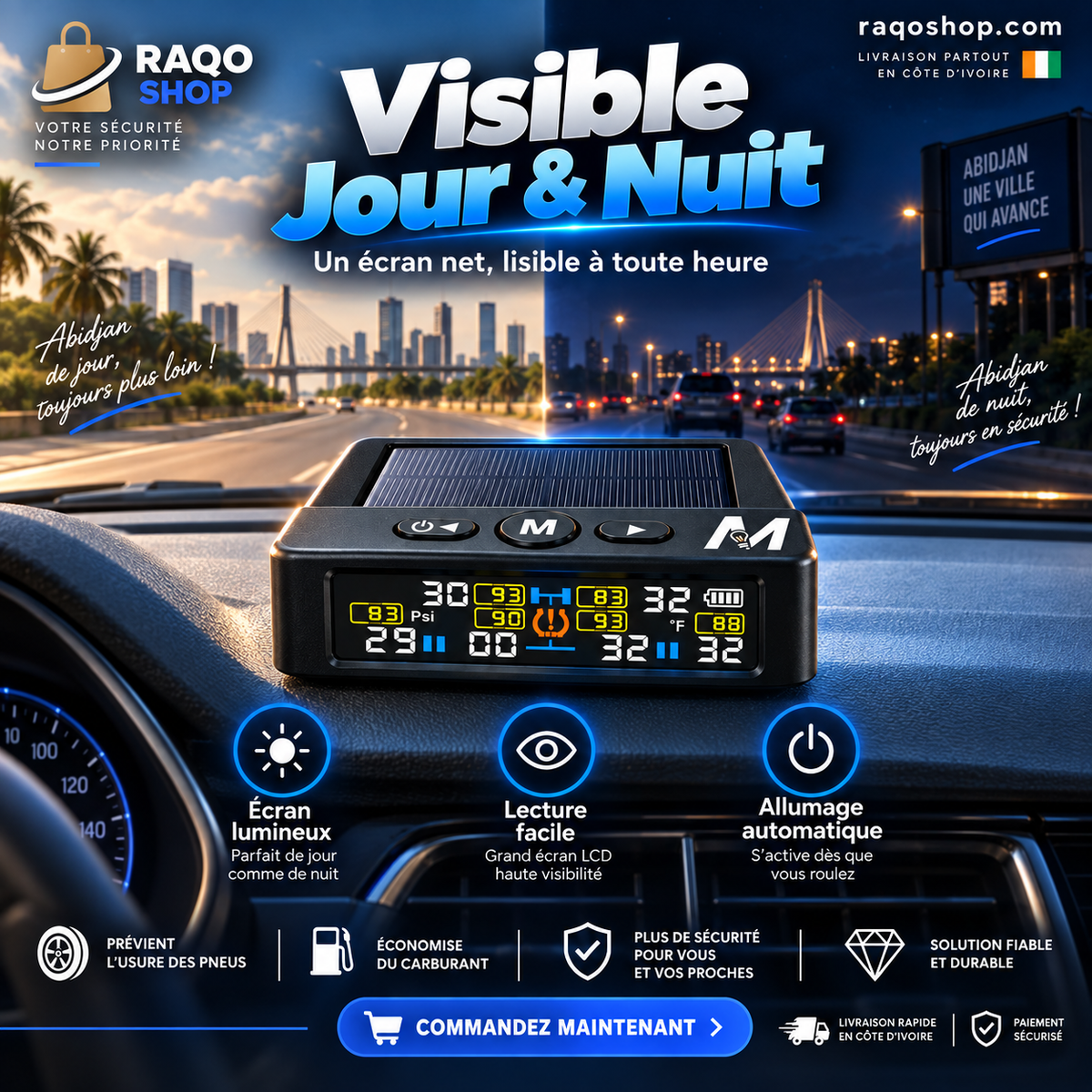 Système TPMS Solaire 4 Pneus – Surveillance Pression & Température en Temps Réel + 4 Capteurs Sans Fil
