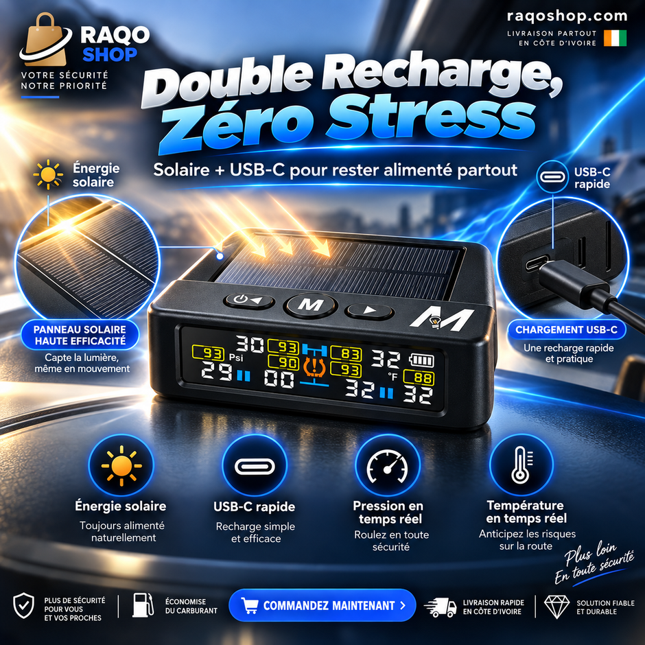 Système TPMS Solaire 4 Pneus – Surveillance Pression & Température en Temps Réel + 4 Capteurs Sans Fil
