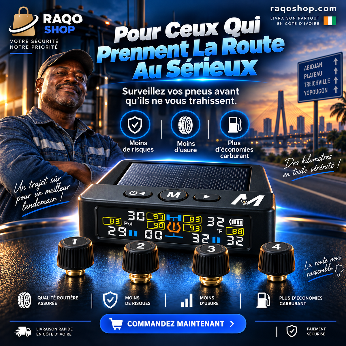 Système TPMS Solaire 4 Pneus – Surveillance Pression & Température en Temps Réel + 4 Capteurs Sans Fil