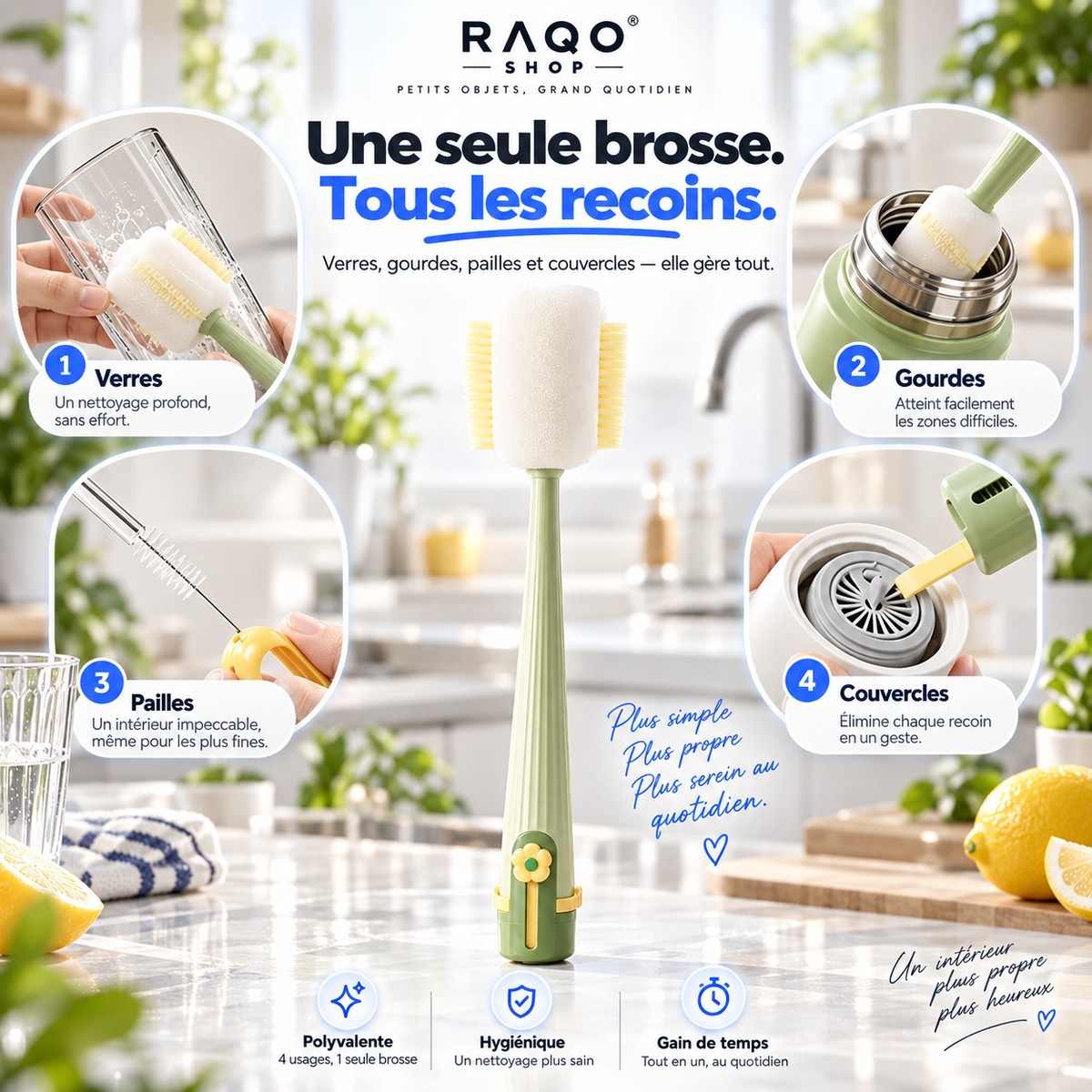 La Brosse Maline™ 5-en-1 RAQO – Nettoyage Gourdes, Verres, Pailles & Couvercles