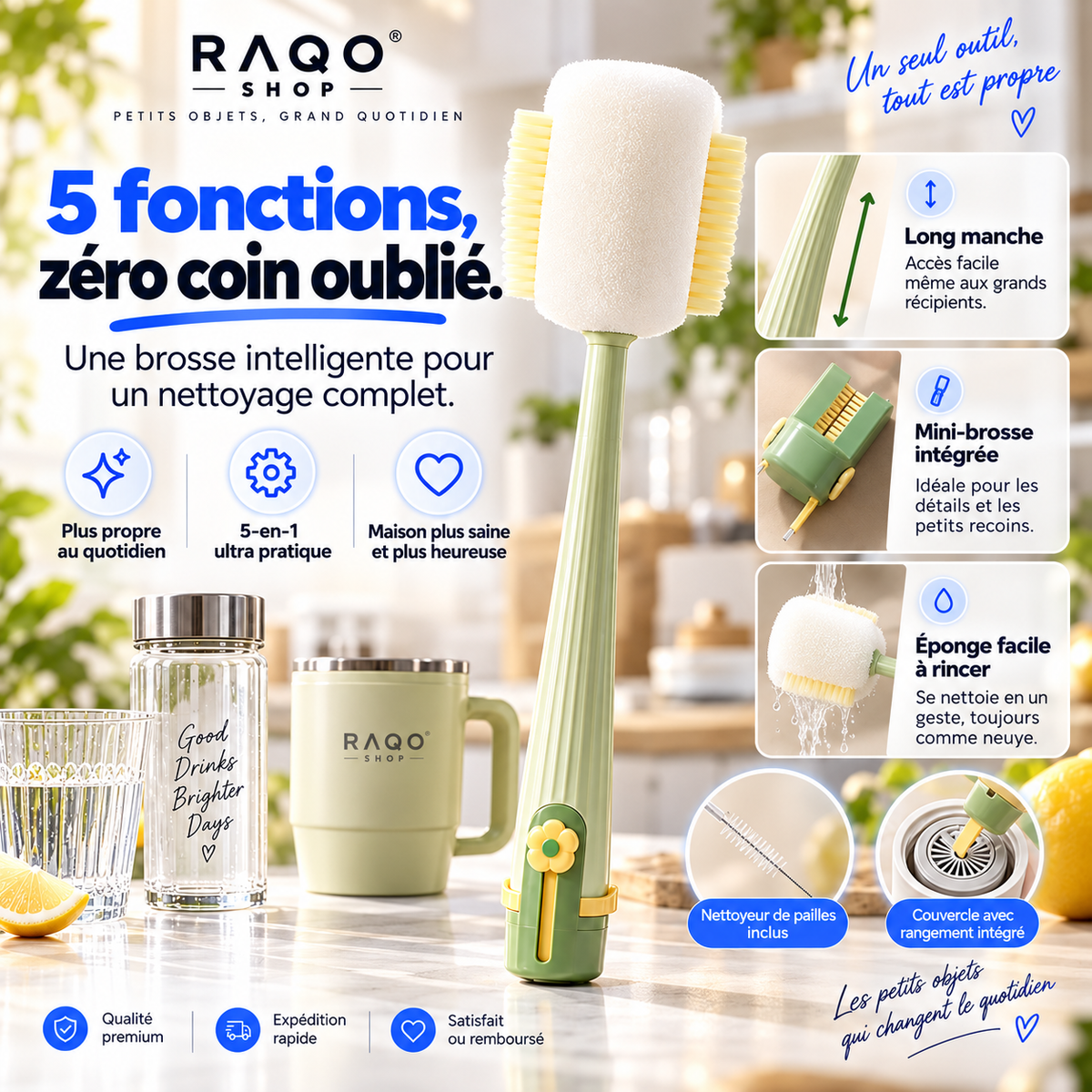 La Brosse Maline™ 5-en-1 RAQO – Nettoyage Gourdes, Verres, Pailles & Couvercles