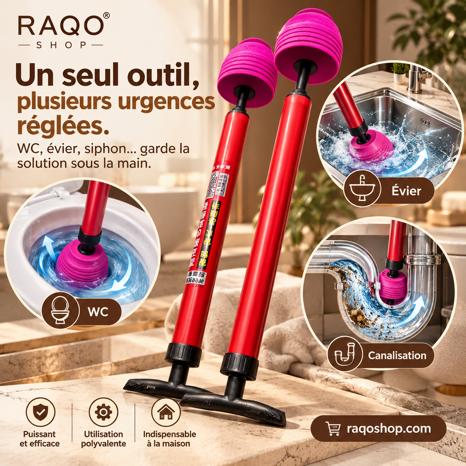 RAQO Débouche Tout™ – Déboucheur à Pression pour WC, Évier & Canalisations