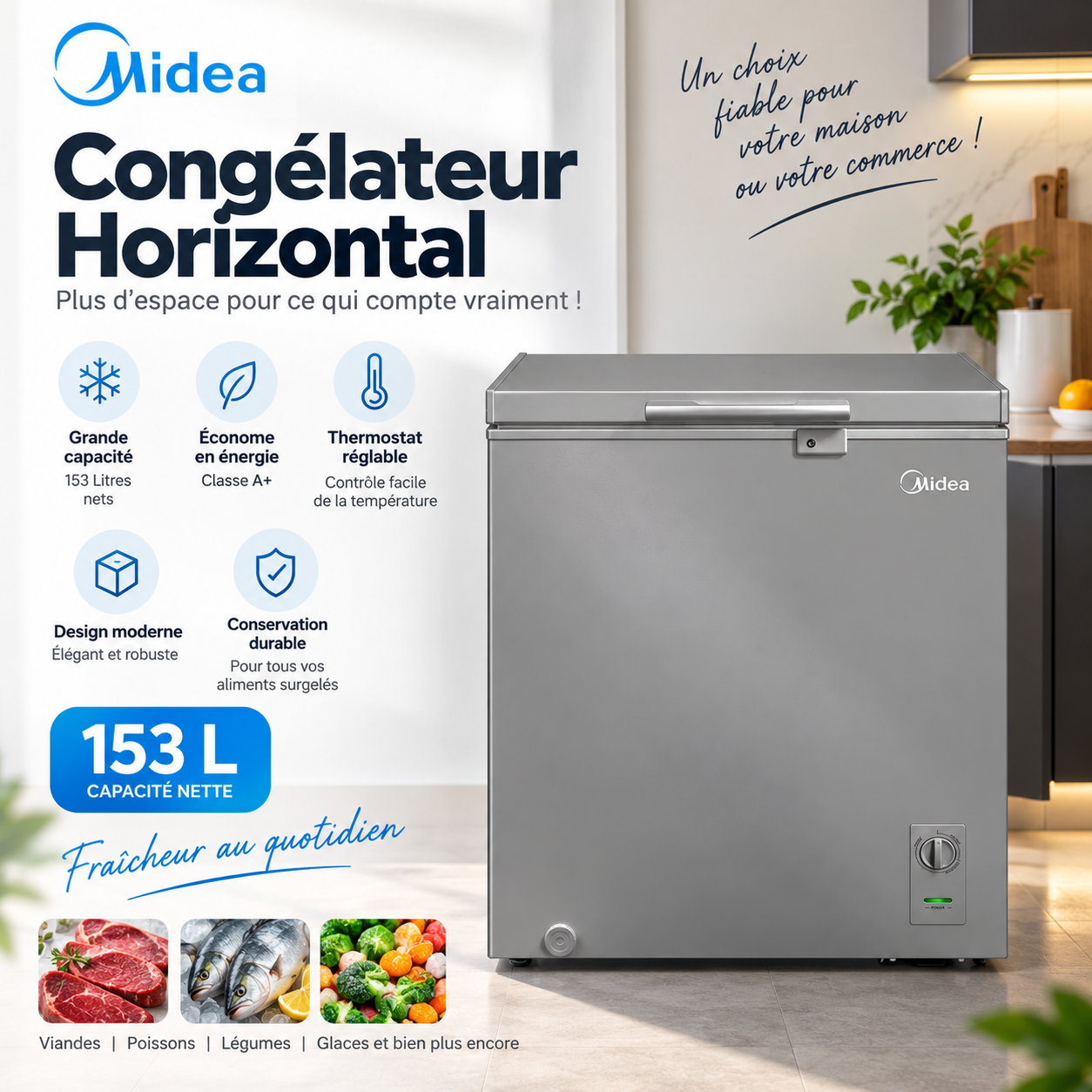 MIDEA Congélateur Horizontal 153 L Gris A+ – MDRC207FZG43