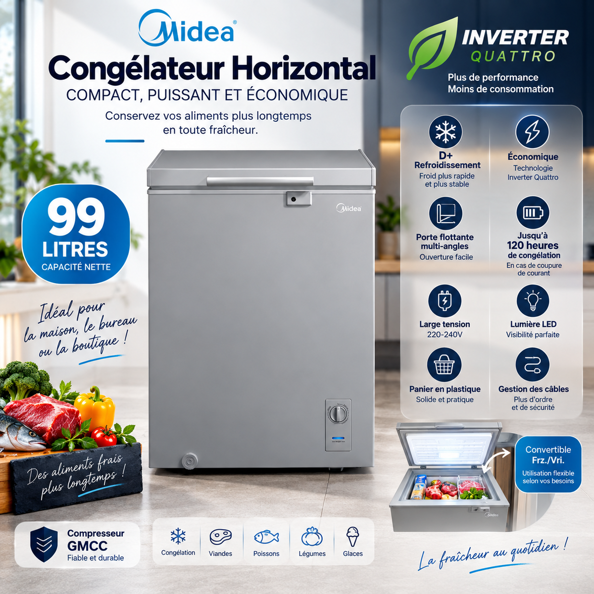 MIDEA Congélateur Horizontal 99 L Gris Inverter – MDRC193FZG43D