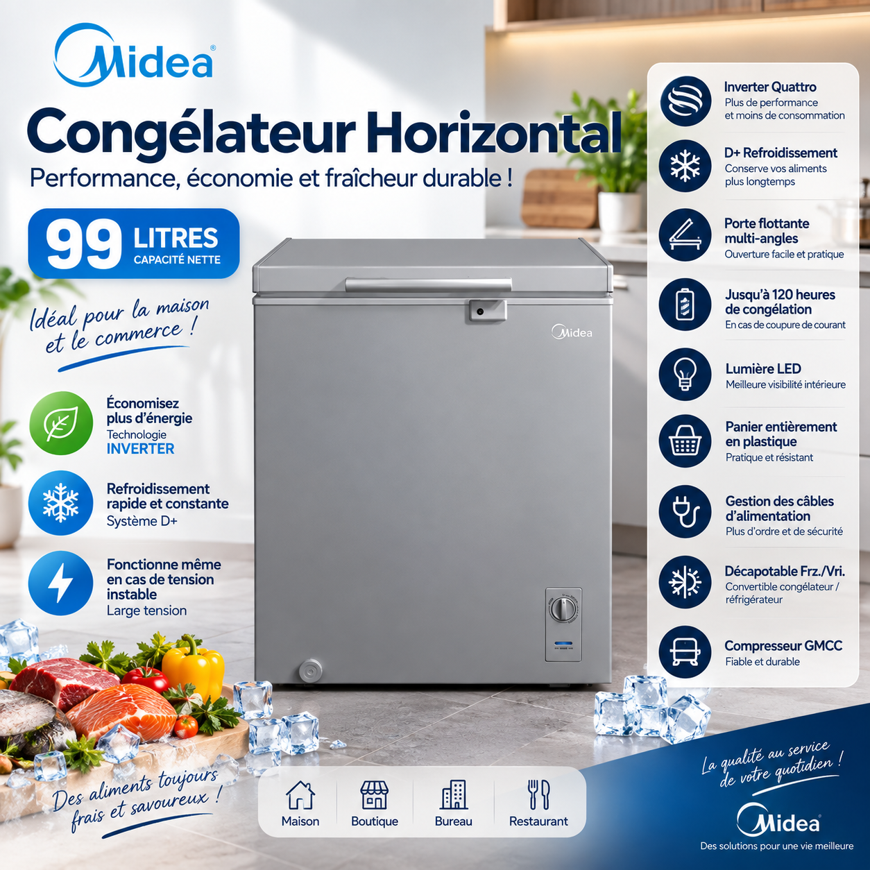 MIDEA Congélateur Horizontal 99 L Gris Inverter – MDRC193FZG43D