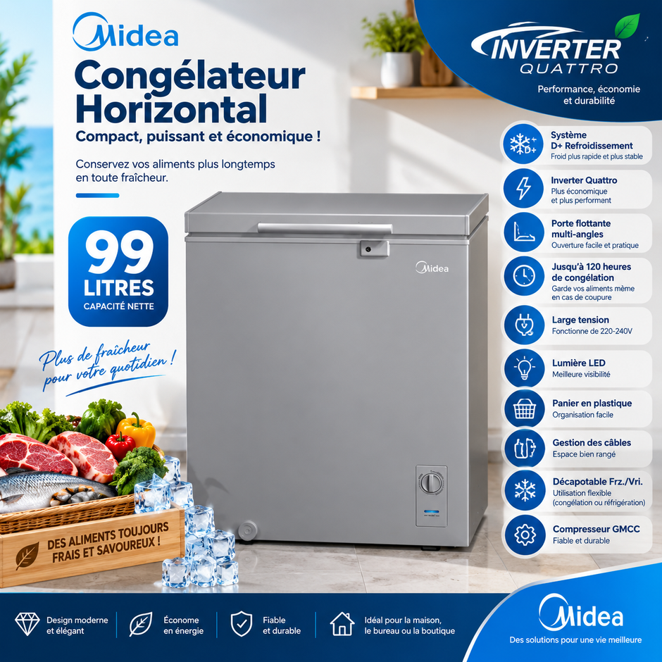 MIDEA Congélateur Horizontal 99 L Gris Inverter – MDRC193FZG43D