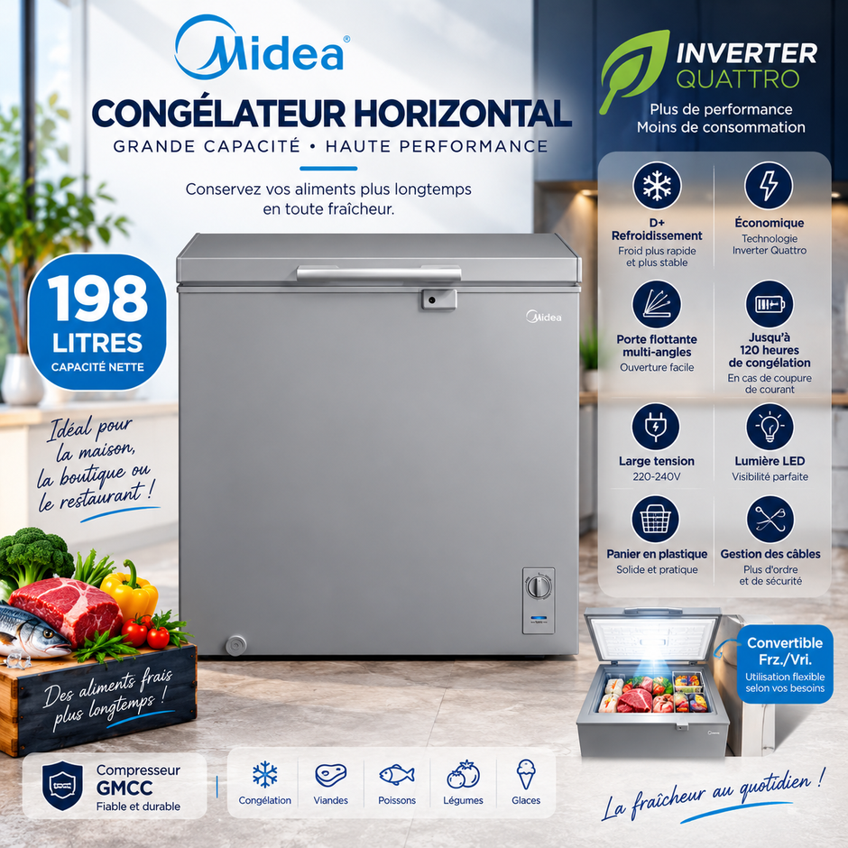 MIDEA Congélateur Horizontal 198 L Gris Inverter – MDRC362FZG43D