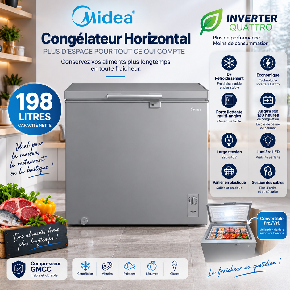 MIDEA Congélateur Horizontal 198 L Gris Inverter – MDRC362FZG43D