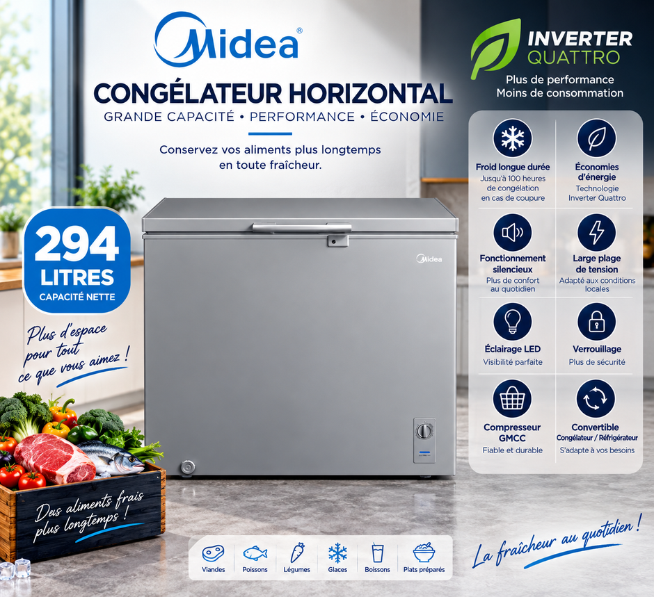 MIDEA Congélateur Horizontal 294 L Silver Inverter Quattro R600A – MDRC407FZG43NGG