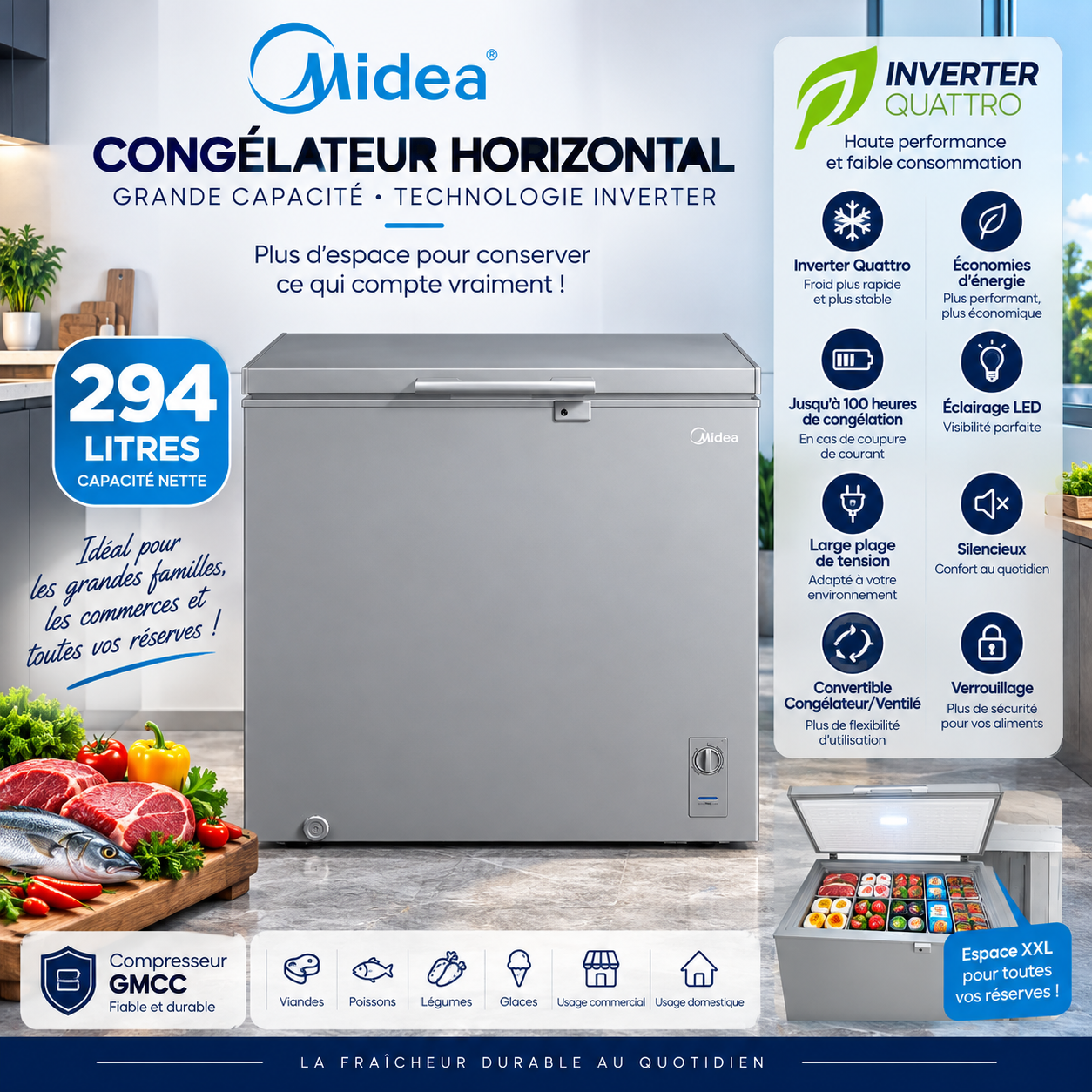 MIDEA Congélateur Horizontal 294 L Silver Inverter Quattro R600A – MDRC407FZG43NGG
