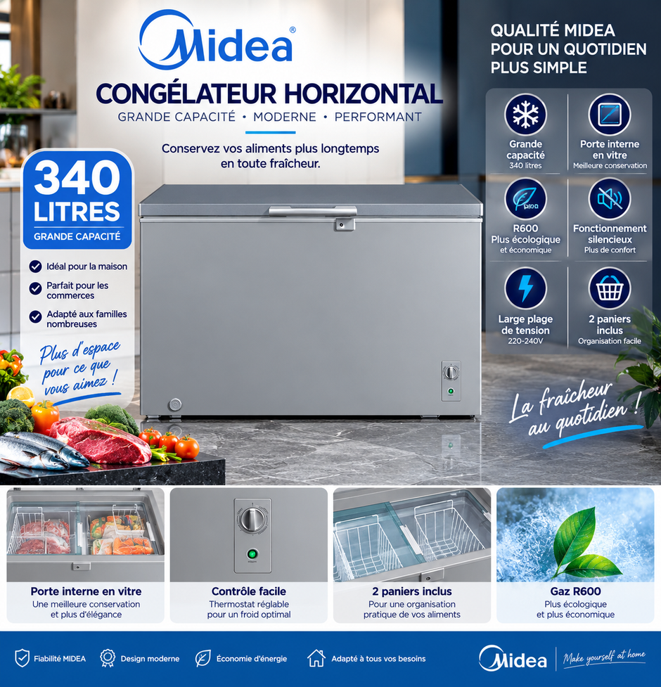 MIDEA Congélateur Horizontal 340 L Silver avec Porte Interne Vitrée – MDRC479FZG43