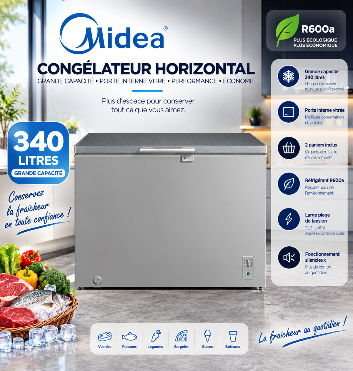MIDEA Congélateur Horizontal 340 L Silver avec Porte Interne Vitrée – MDRC479FZG43