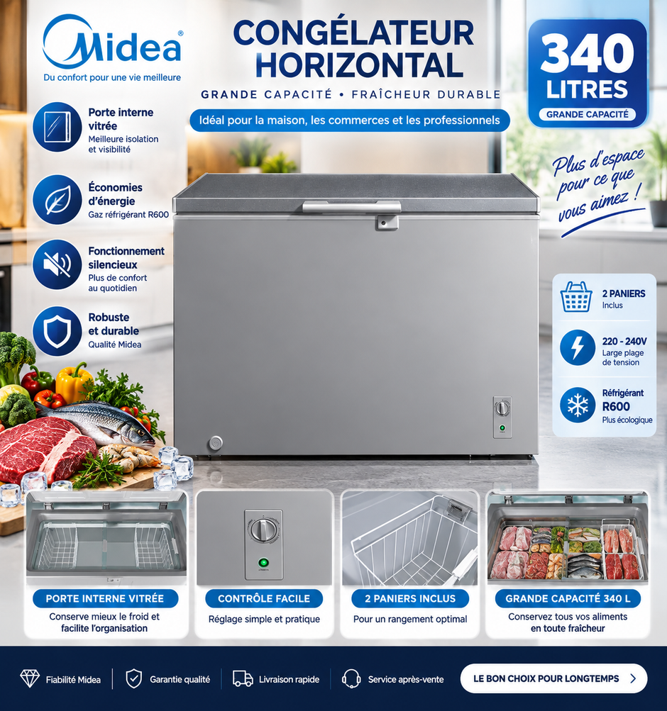 MIDEA Congélateur Horizontal 340 L Silver avec Porte Interne Vitrée – MDRC479FZG43