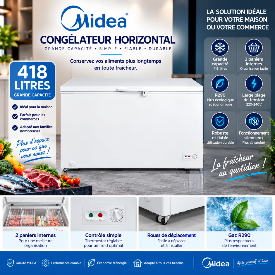 MIDEA Congélateur Horizontal 418 L Blanc – 2 Paniers – MDRC564FZF01