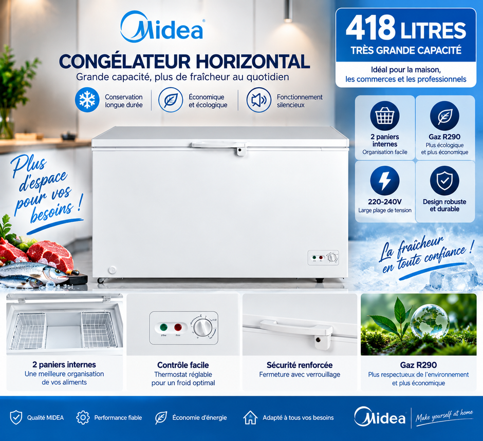 MIDEA Congélateur Horizontal 418 L Blanc – 2 Paniers – MDRC564FZF01