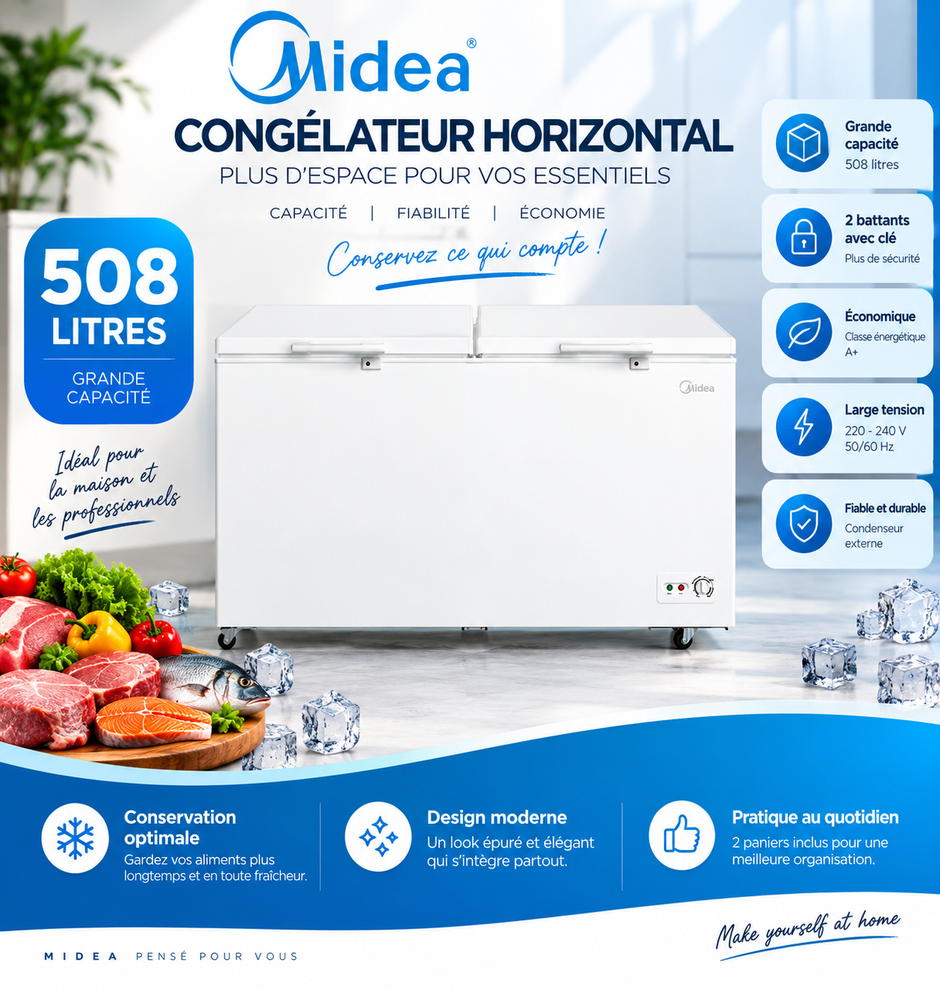 MIDEA Congélateur Horizontal 508 L Blanc – 2 Battants avec Clé – MDRC698FZE01