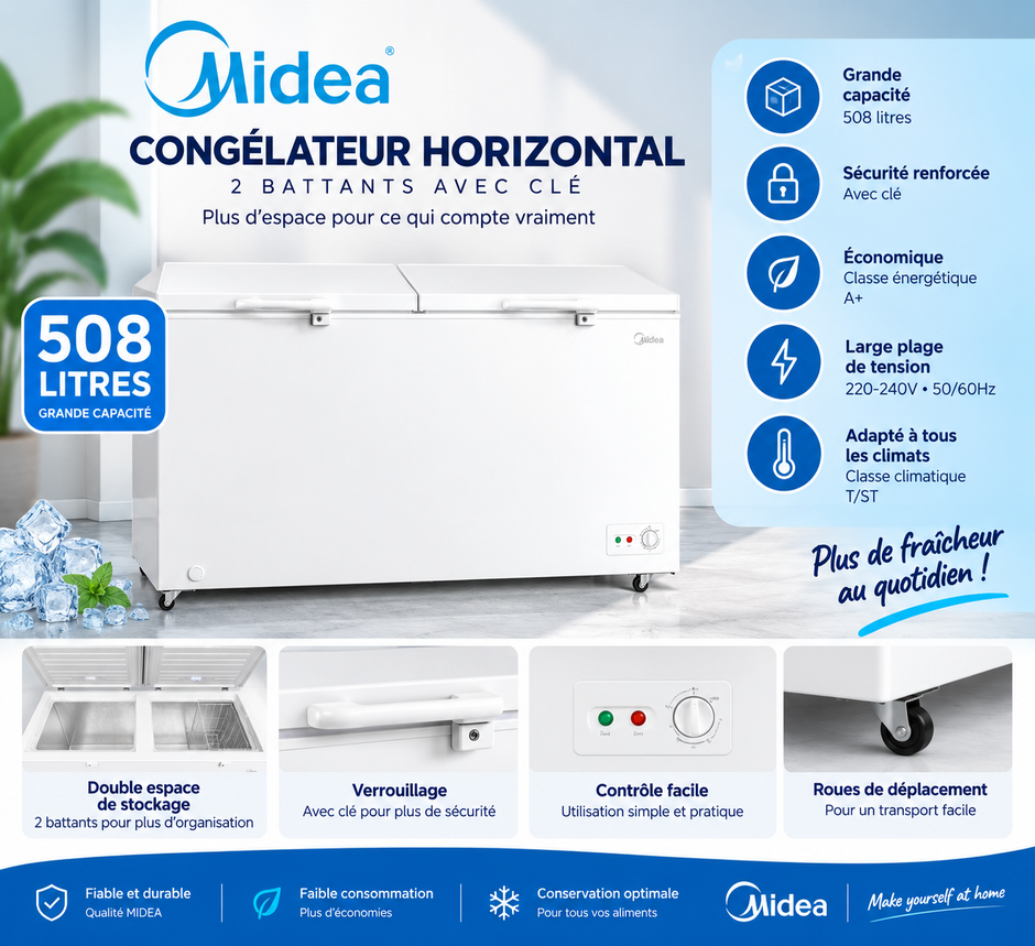 MIDEA Congélateur Horizontal 508 L Blanc – 2 Battants avec Clé – MDRC698FZE01