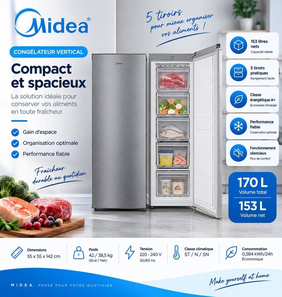 MIDEA Congélateur Vertical 153 L Gris – 5 Tiroirs – MDRU229FZF50