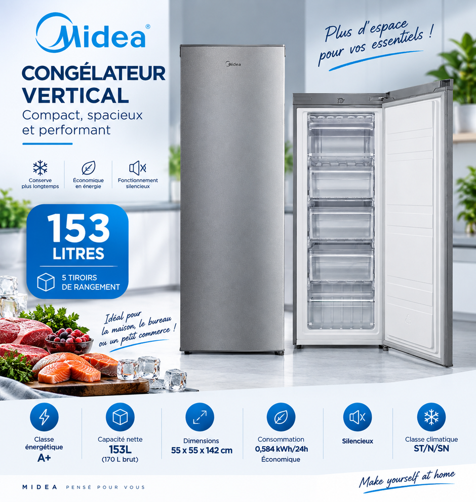 MIDEA Congélateur Vertical 153 L Gris – 5 Tiroirs – MDRU229FZF50