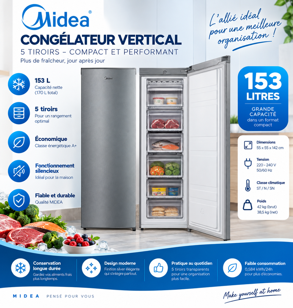 MIDEA Congélateur Vertical 153 L Gris – 5 Tiroirs – MDRU229FZF50