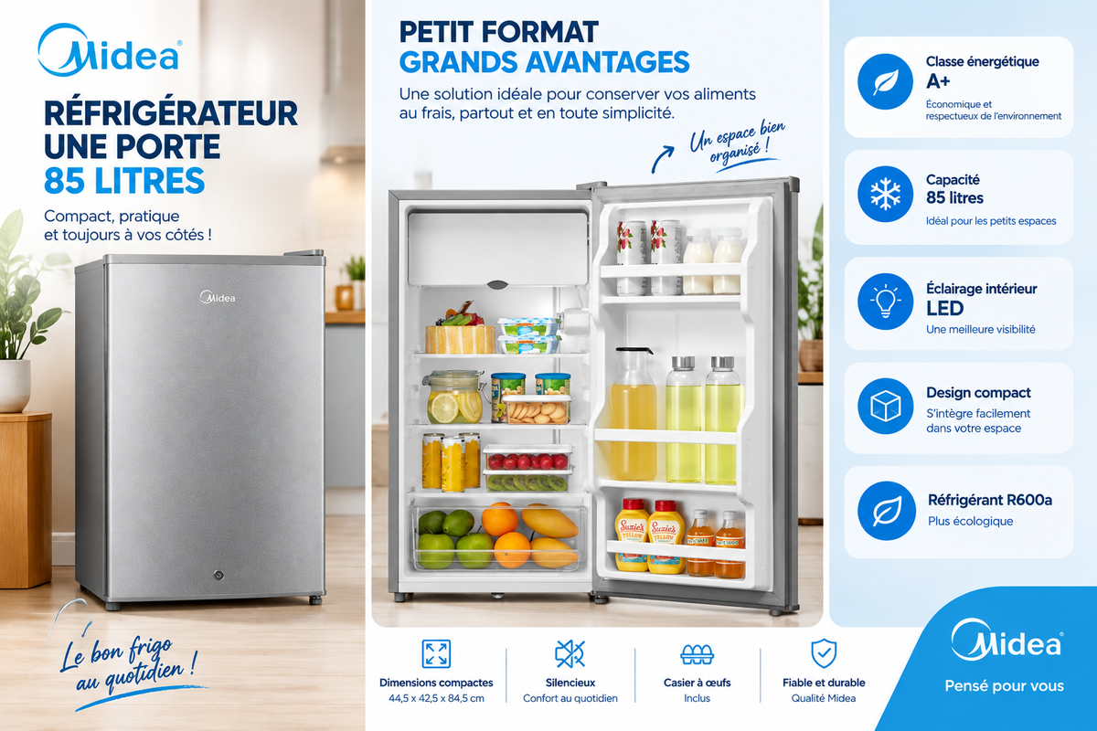 MIDEA Réfrigérateur 1 Porte 85 L Silver – MDRD133FGG50