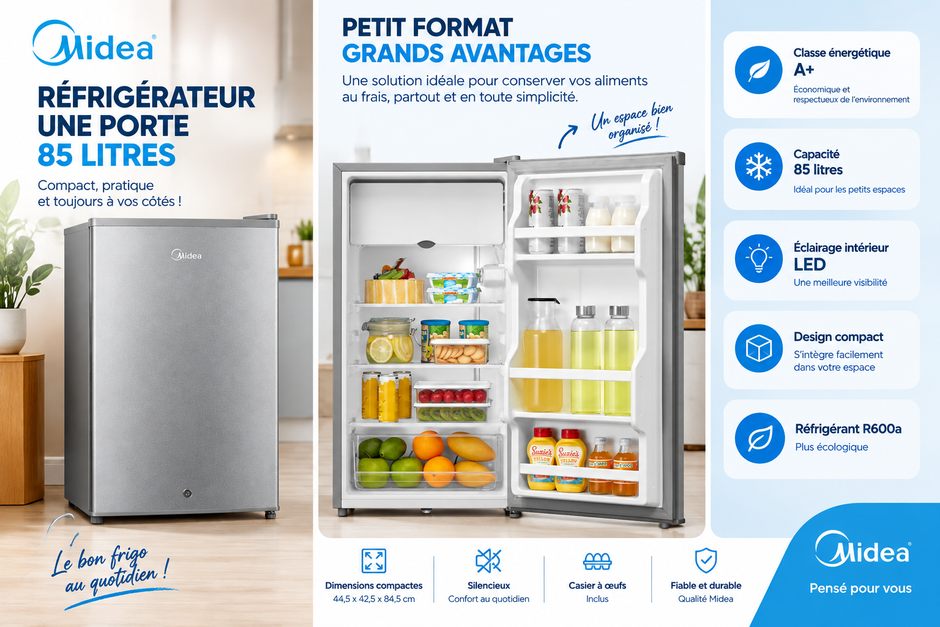 MIDEA Réfrigérateur 1 Porte 85 L Silver – MDRD133FGG50