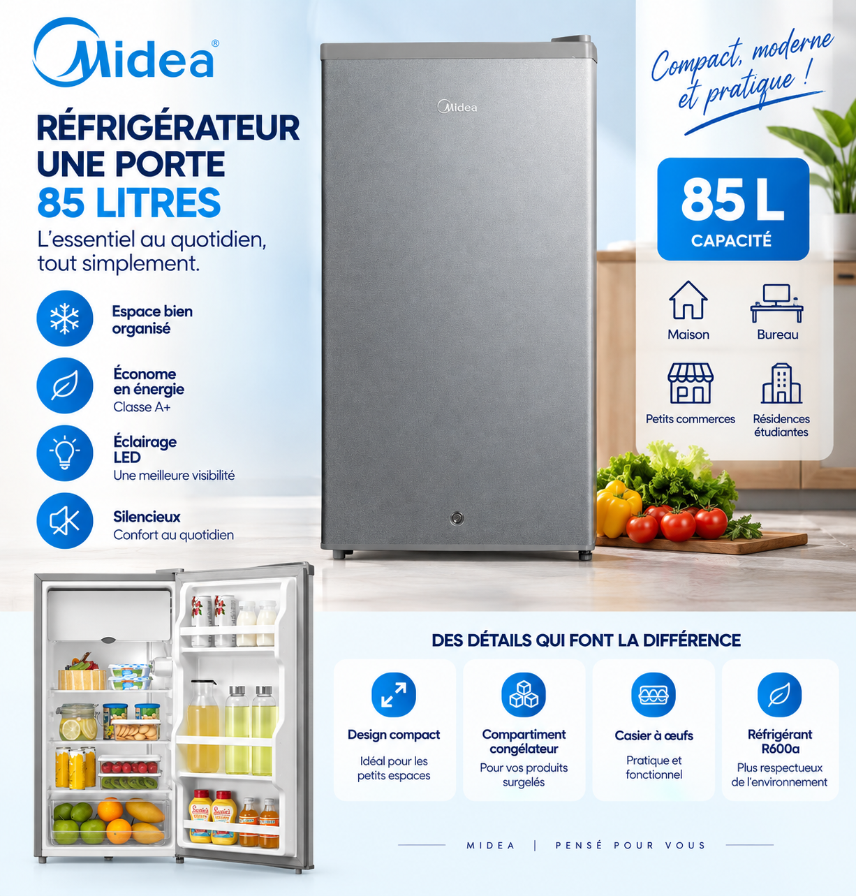 MIDEA Réfrigérateur 1 Porte 85 L Silver – MDRD133FGG50