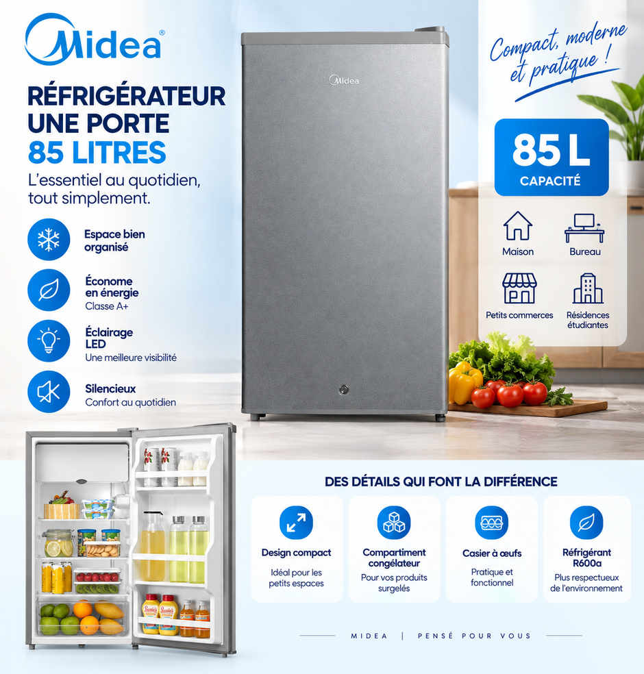 MIDEA Réfrigérateur 1 Porte 85 L Silver – MDRD133FGG50