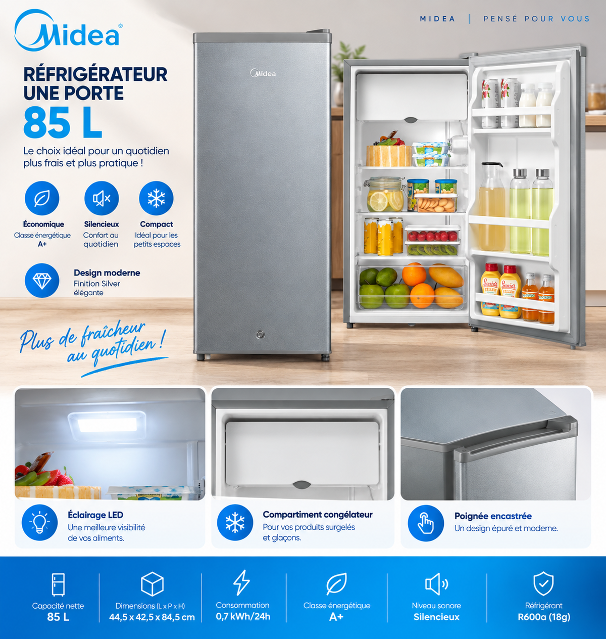 MIDEA Réfrigérateur 1 Porte 85 L Silver – MDRD133FGG50