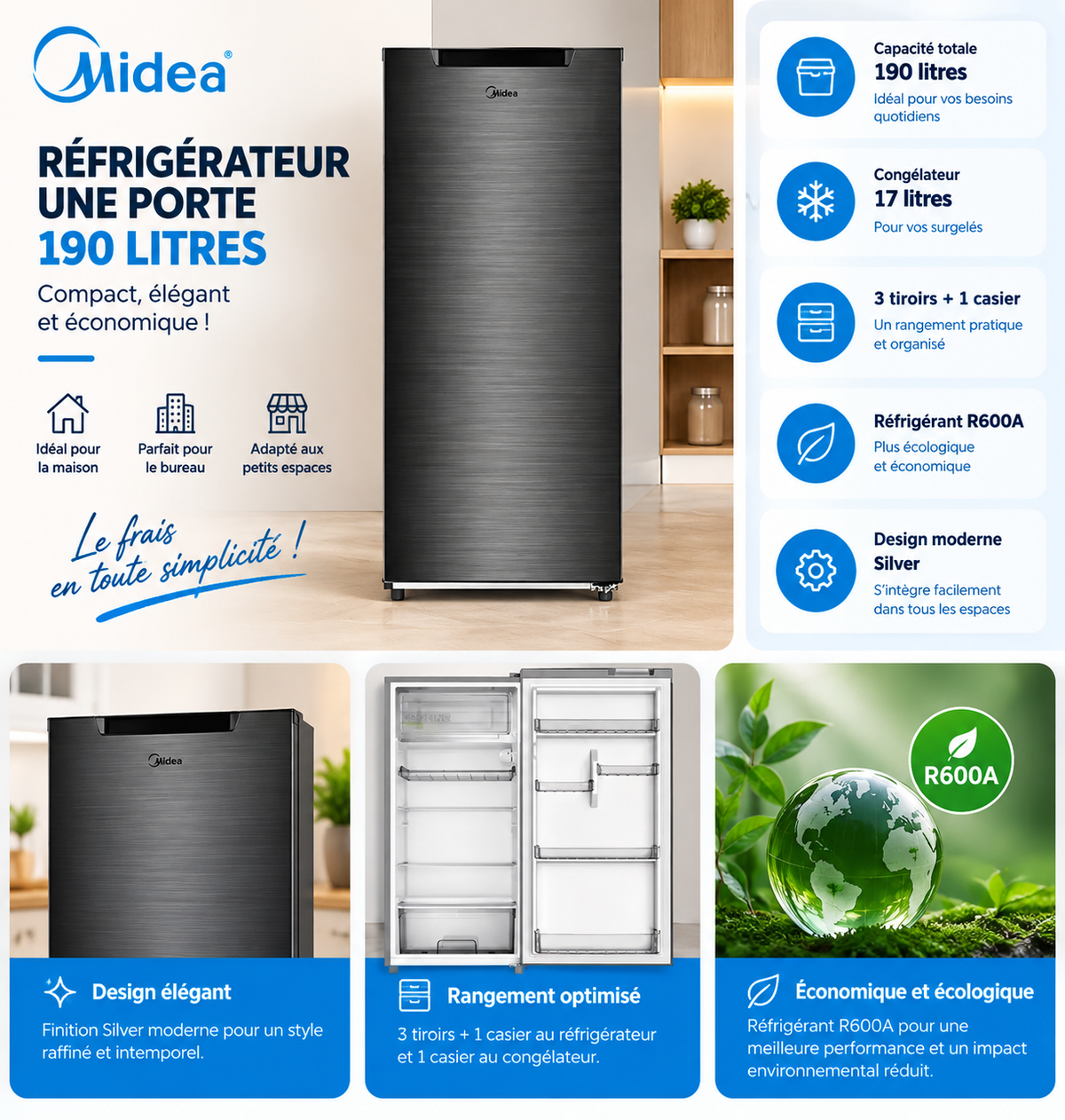 MIDEA Réfrigérateur 1 Porte 190 L Silver – Congélateur 17 L – MDRD268FGG50