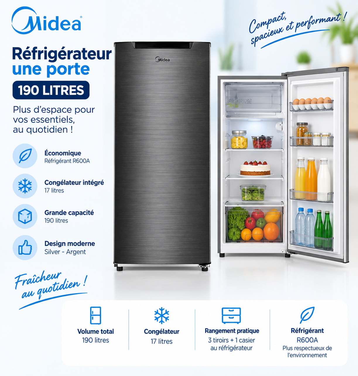 MIDEA Réfrigérateur 1 Porte 190 L Silver – Congélateur 17 L – MDRD268FGG50