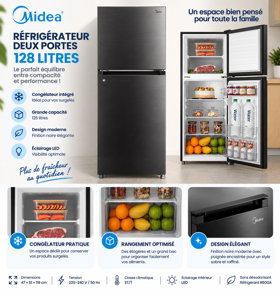 MIDEA Réfrigérateur 2 Portes 128 L Noir – Compact LED – MDRT187FGG28