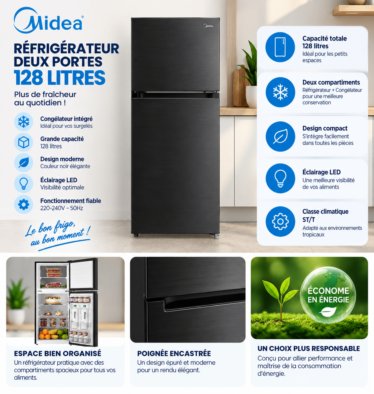 MIDEA Réfrigérateur 2 Portes 128 L Noir – Compact LED – MDRT187FGG28