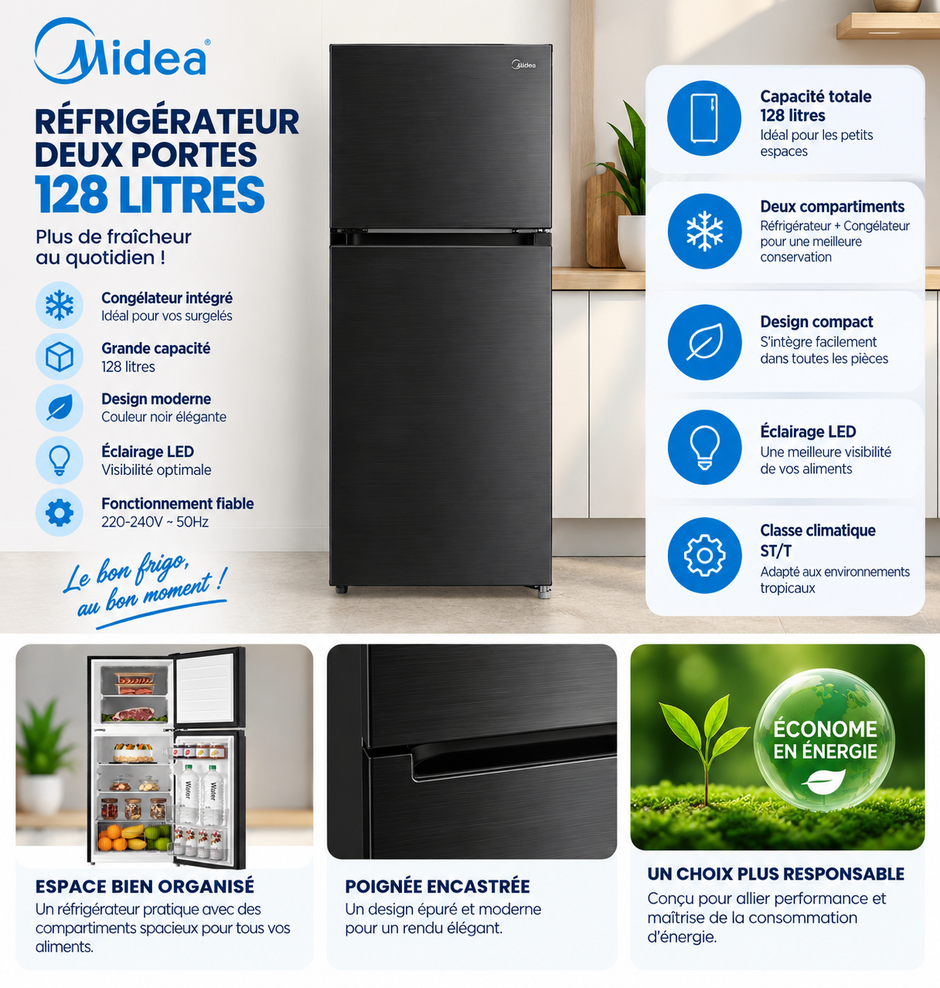 MIDEA Réfrigérateur 2 Portes 128 L Noir – Compact LED – MDRT187FGG28