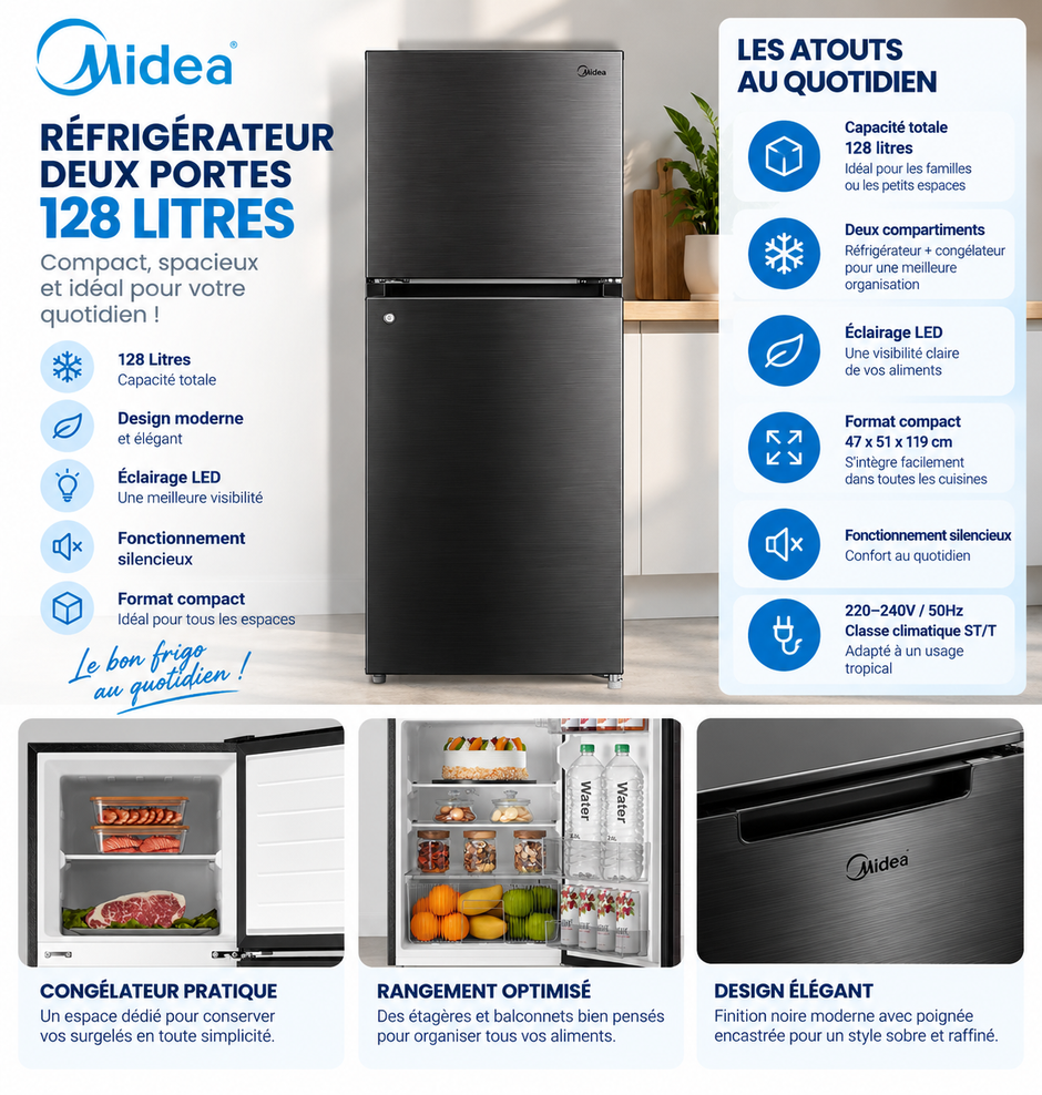 MIDEA Réfrigérateur 2 Portes 128 L Noir – Compact LED – MDRT187FGG28