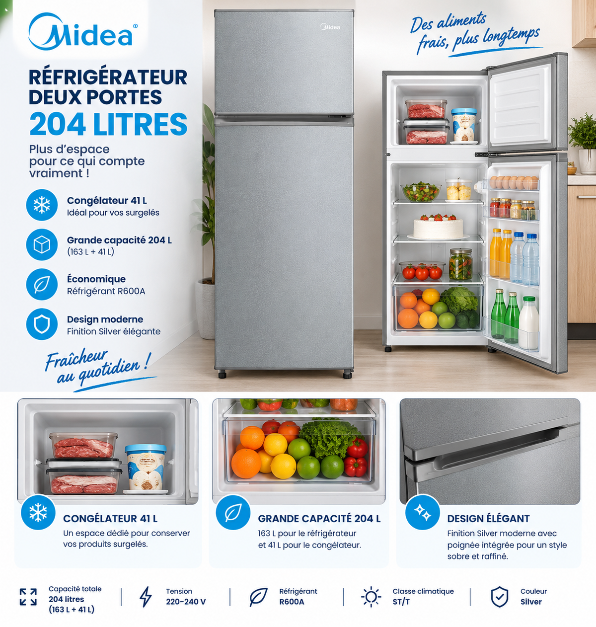 MIDEA Réfrigérateur 2 Portes 204 L Silver – 163 L + Congélateur 41 L – MDRT294FGF50D