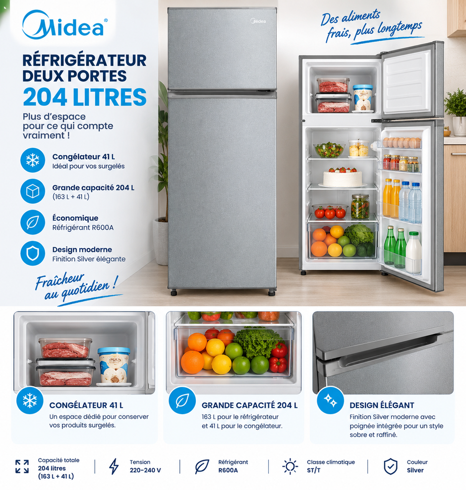 MIDEA Réfrigérateur 2 Portes 204 L Silver – 163 L + Congélateur 41 L – MDRT294FGF50D