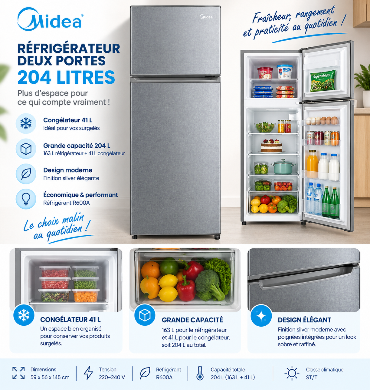 MIDEA Réfrigérateur 2 Portes 204 L Silver – 163 L + Congélateur 41 L – MDRT294FGF50D