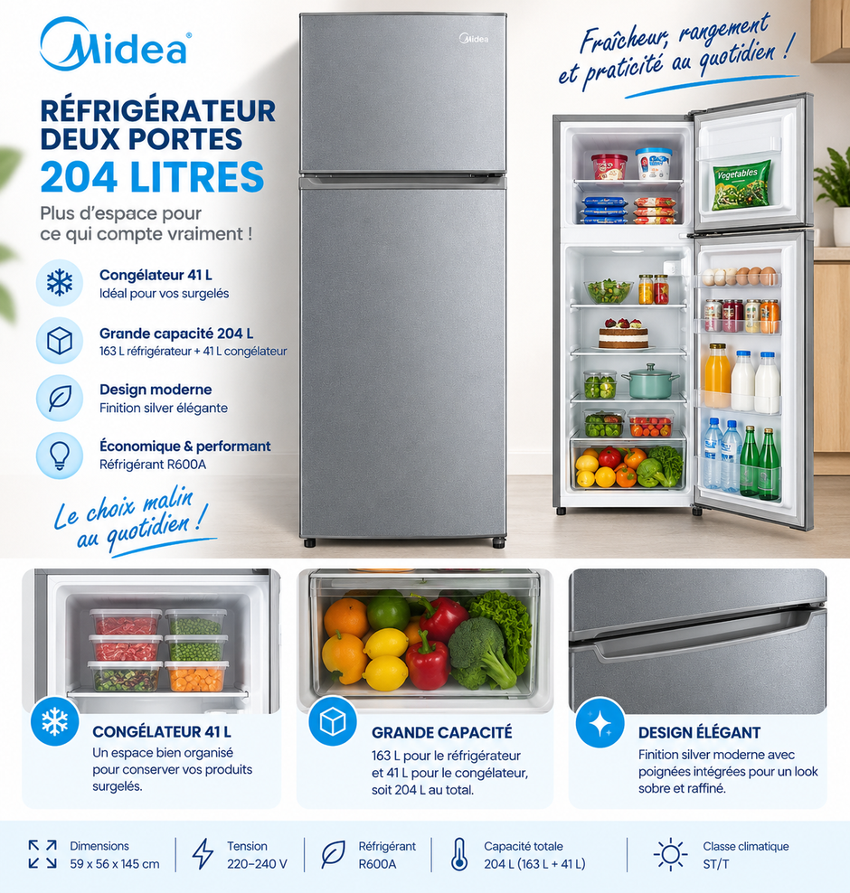 MIDEA Réfrigérateur 2 Portes 204 L Silver – 163 L + Congélateur 41 L – MDRT294FGF50D