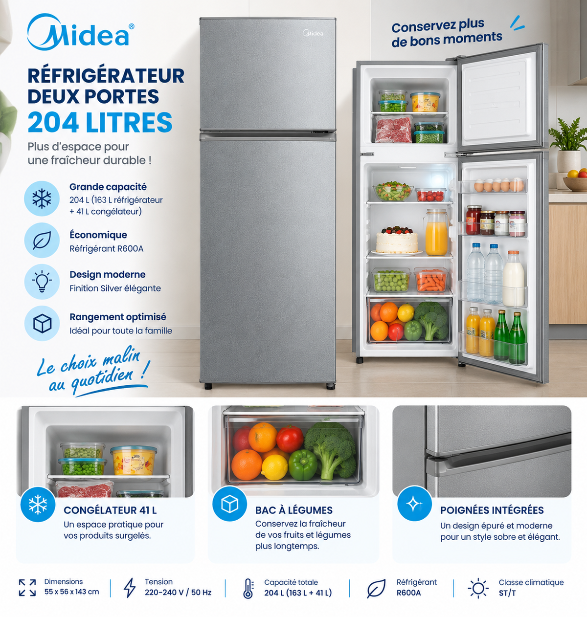 MIDEA Réfrigérateur 2 Portes 204 L Silver – 163 L + Congélateur 41 L – MDRT294FGF50D