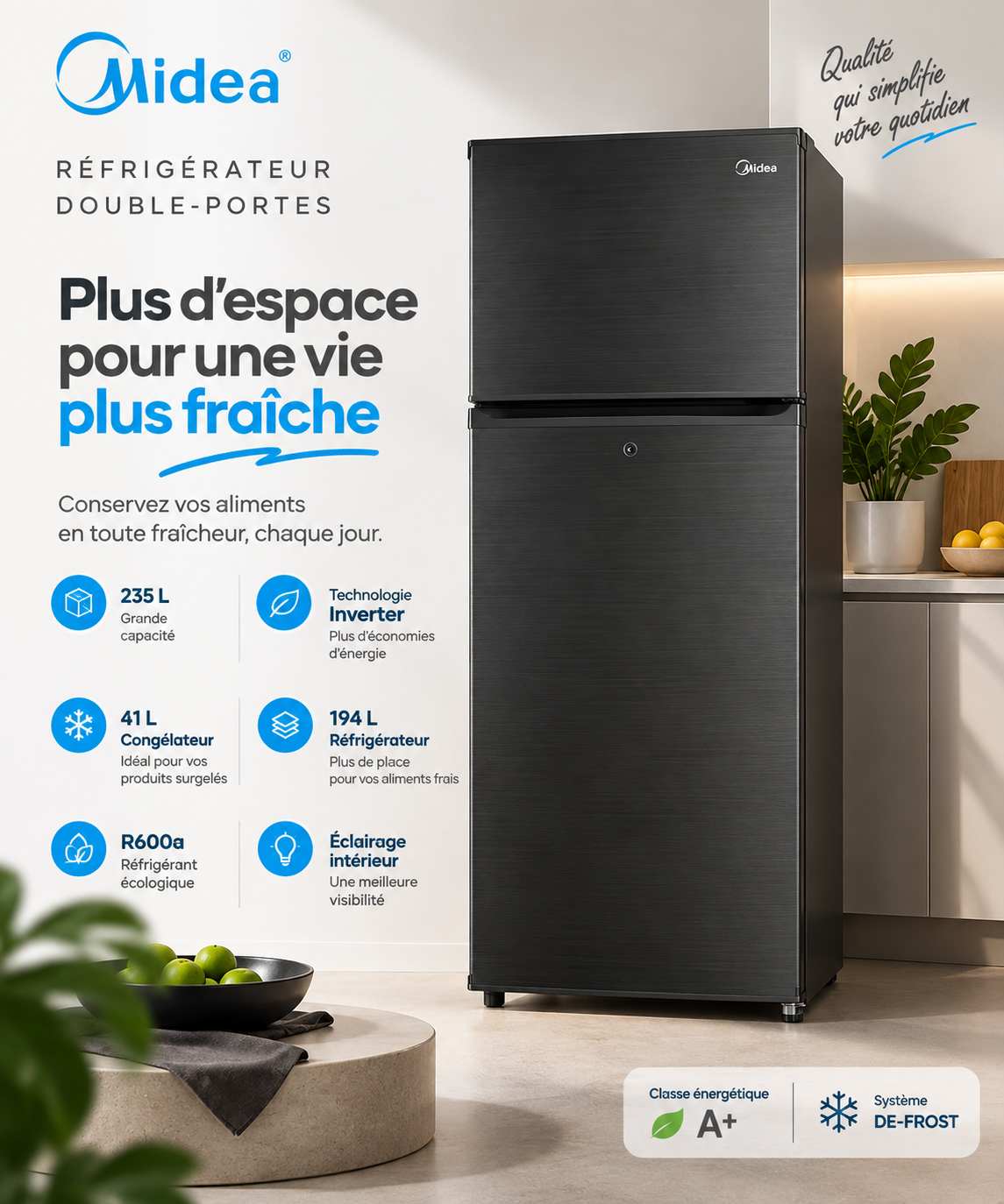 MIDEA Réfrigérateur Double Portes 235 L Inverter Noir-Gris – MDRT333FGF28