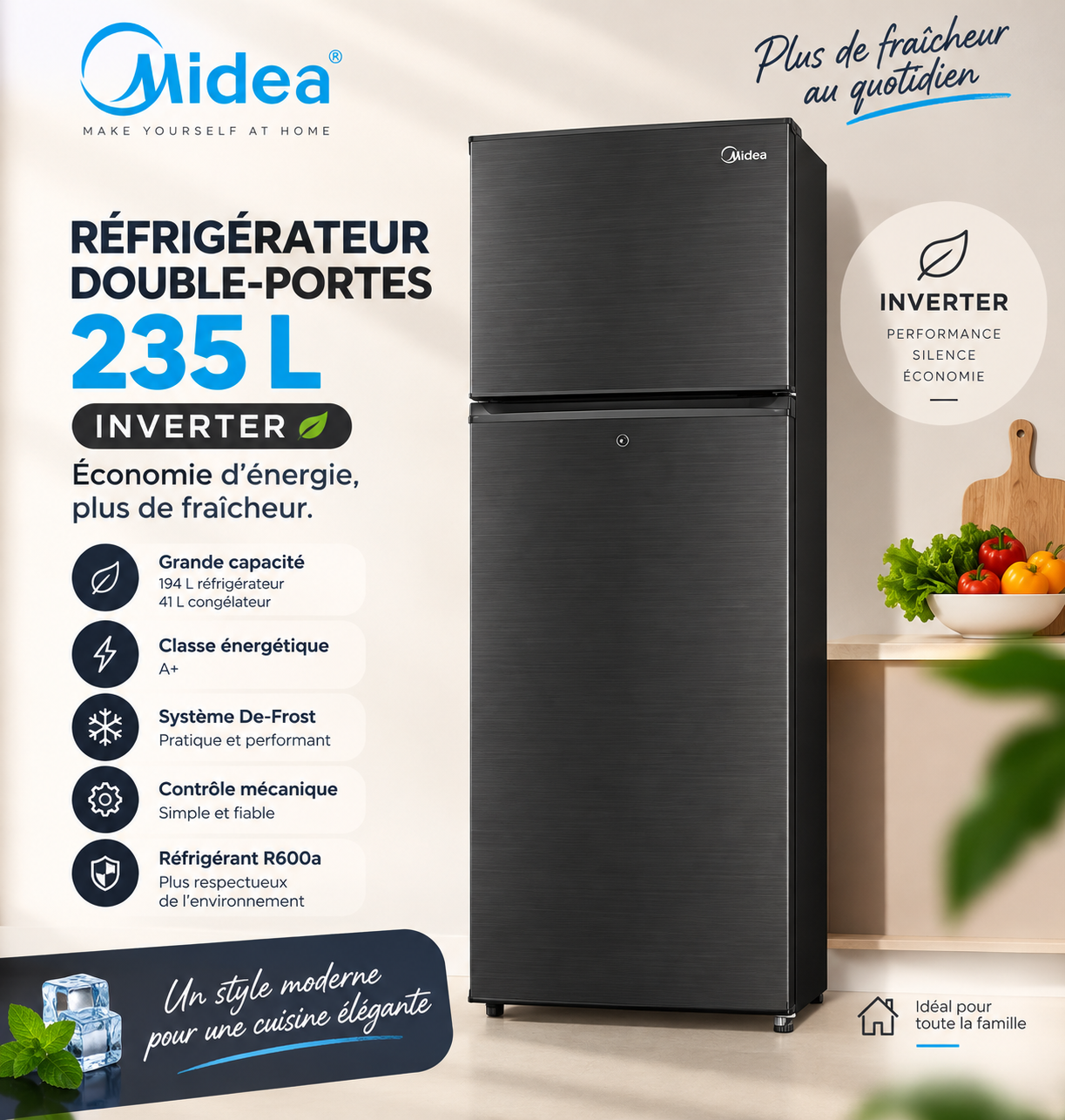 MIDEA Réfrigérateur Double Portes 235 L Inverter Noir-Gris – MDRT333FGF28