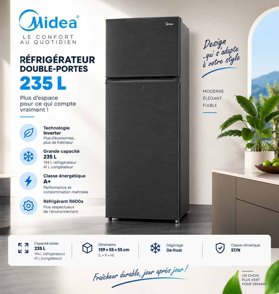 MIDEA Réfrigérateur Double Portes 235 L Inverter Noir-Gris – MDRT333FGF28