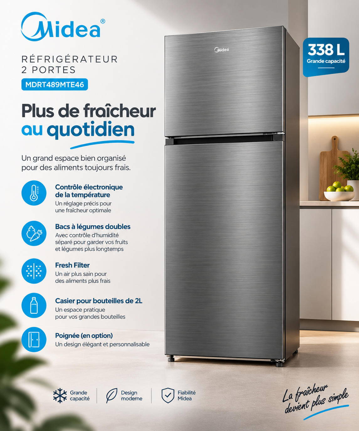 MIDEA Réfrigérateur 2 Portes 338 L Bru Steel – Contrôle Électronique – MDRT489MTE46