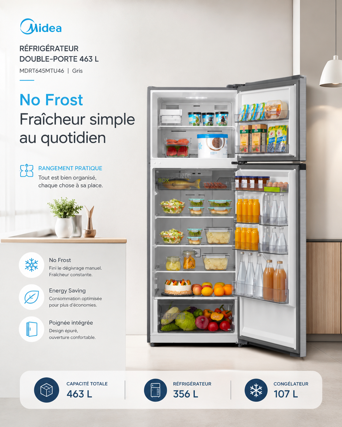 MIDEA Réfrigérateur Double Porte 463 L Gris – Energy Saving No Frost – MDRT645MTU46